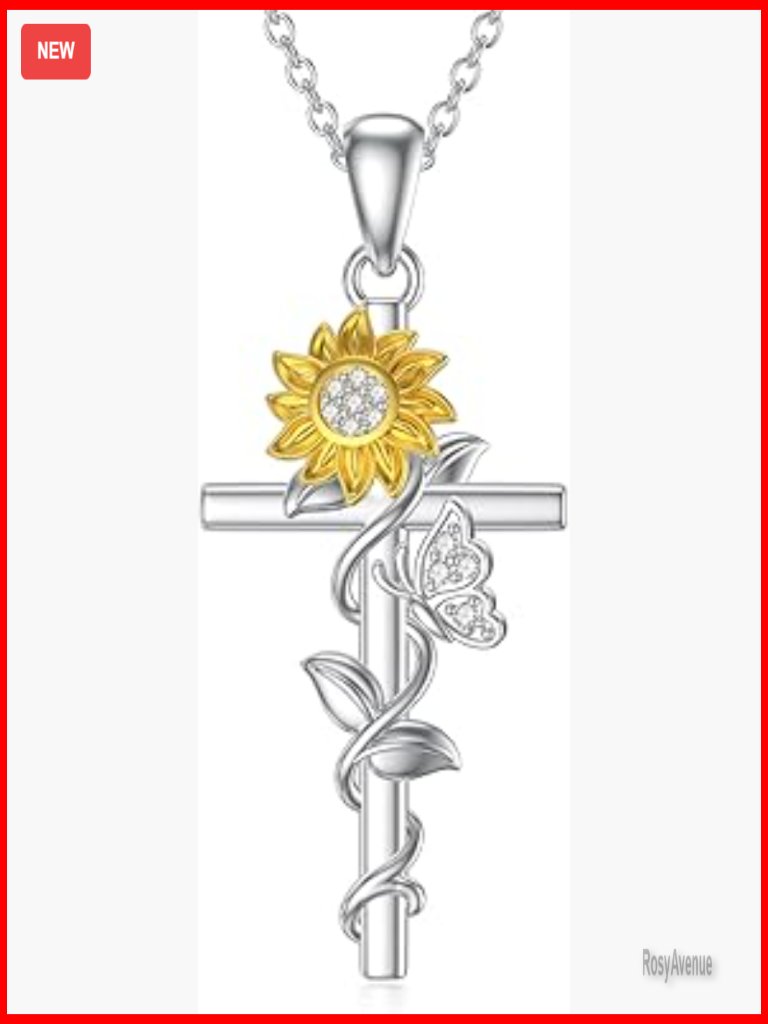 925 Sterling Silver Sunflower Cross Pendant Necklace Adjustable Chain